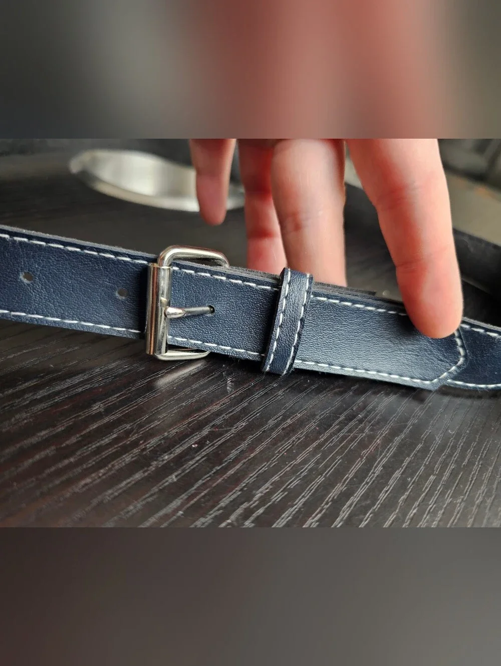 Vintage 80s/90s Navy Blue Contrast Stitch Belt Silver Buckle Minimalist